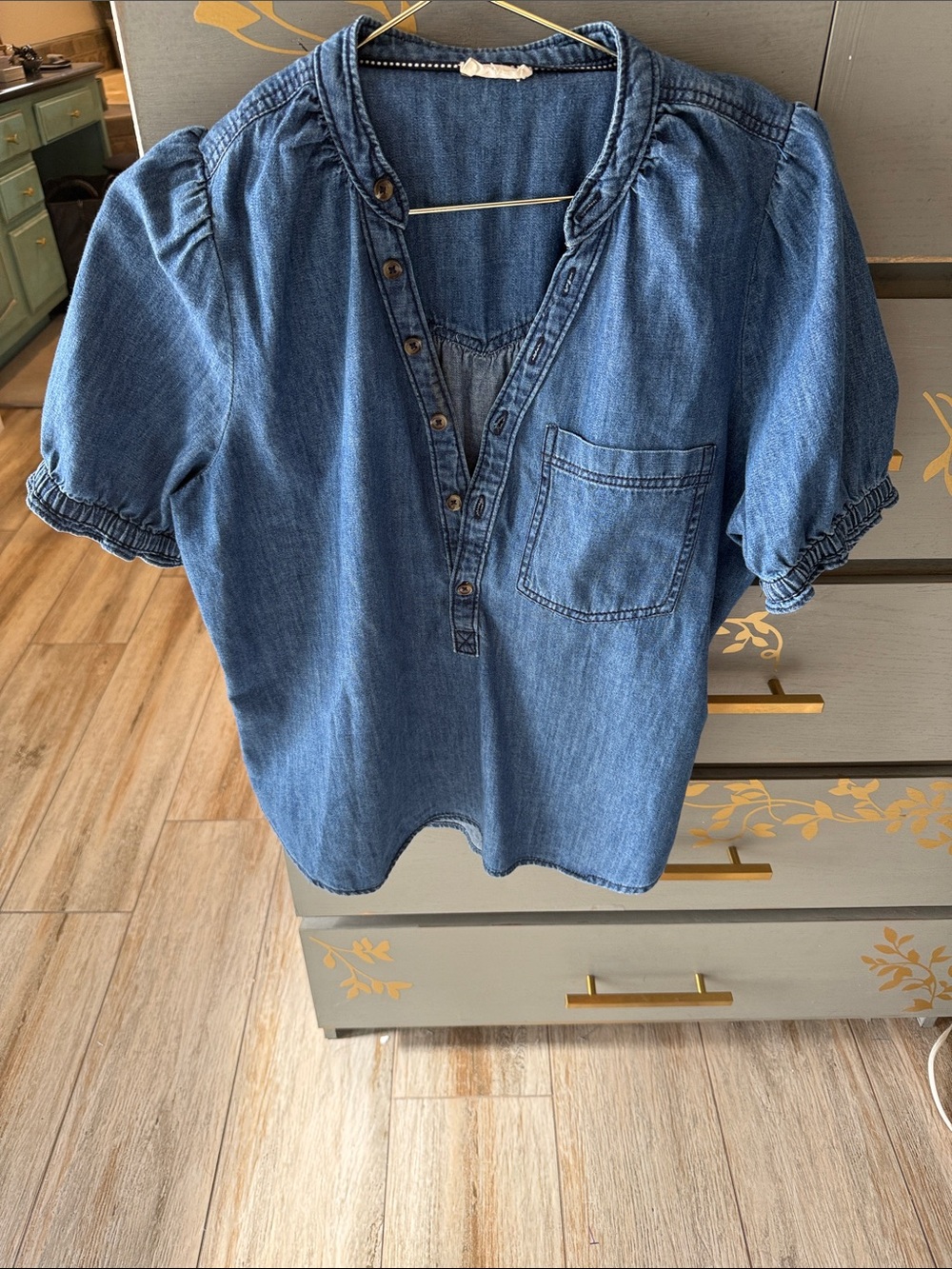 Pilcro Medium Blue Denim Button-Front Puff Sleeve Top